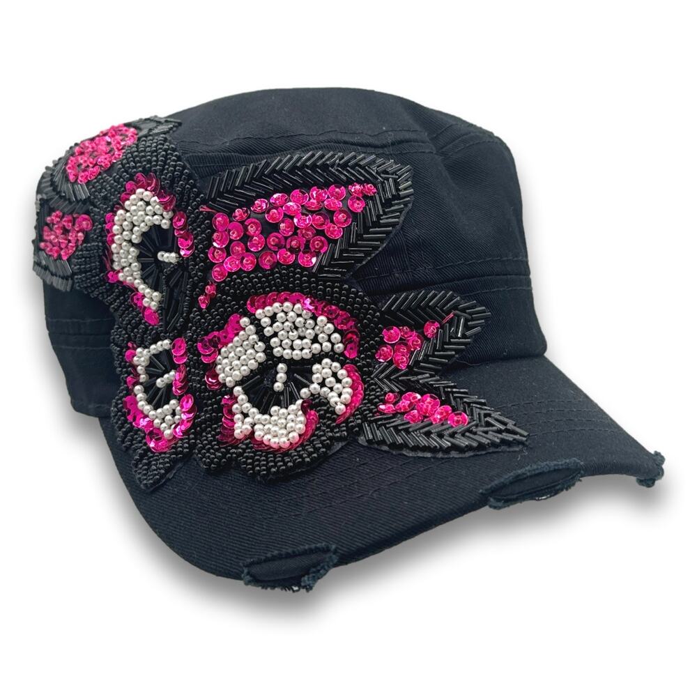Black Army Cadet Hat Flower Beaded Sequins Round Top Distressed BDU Castro Cap